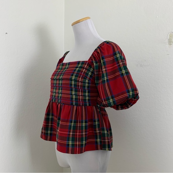 Francesca’s Plaid Peplum Smocked Puff Sleeve Top Sz S Red Holiday Short Sleeve - Picture 8 of 17